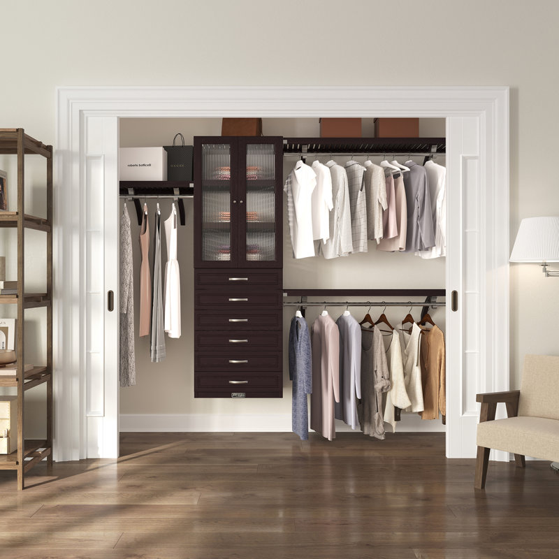 John Louis Home Solid Wood Walk-In Closet System with 6-Drawersand Glass Doors, Espresso