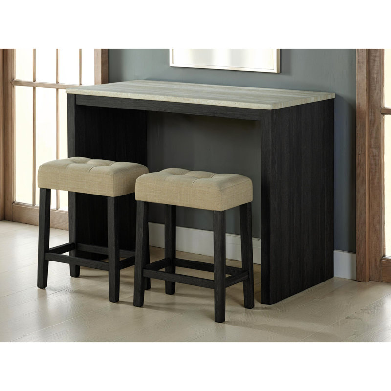 Table de salle à manger 3 pièces avec coussins de tabouret, rectangulaire, rustique, plateau gris-noir, 2 tabourets, contemporain, beige