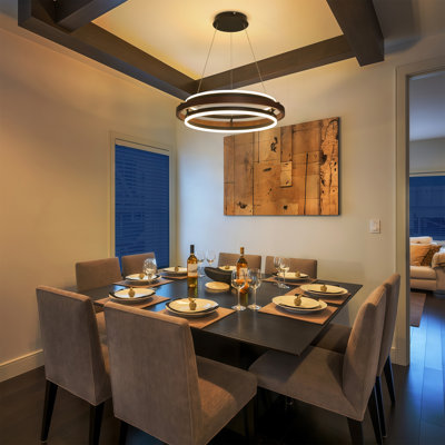 Ring Wood & Black LED Chandelier, Dimmable Circular Pendant Light with Remote Control