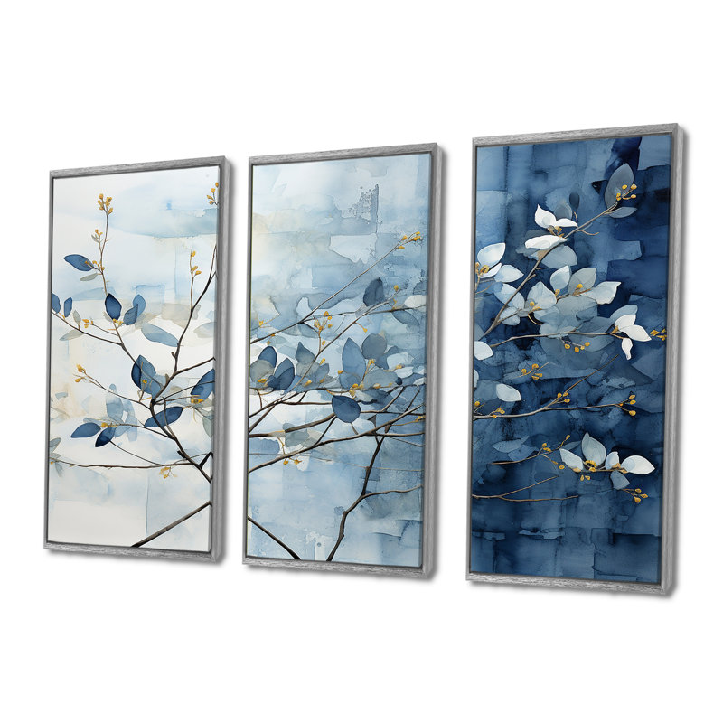 «Blue On», Leaves on Branch I - feuilles, ensemble d'art mural sur toile, H 40 po x l 60 po x P 1 po, Silver Floater Framed