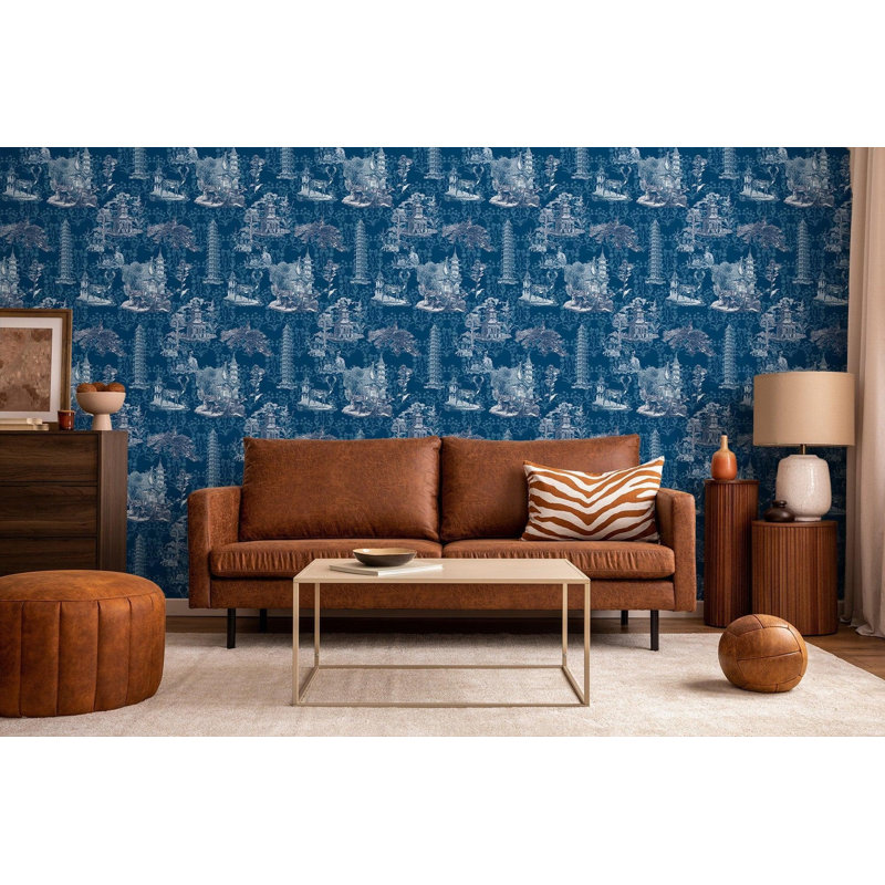 The Signature Pagoda Toile 10' L x 24" W Wallpaper Roll, Midnight, Non-pasted, Faux Grasscloth