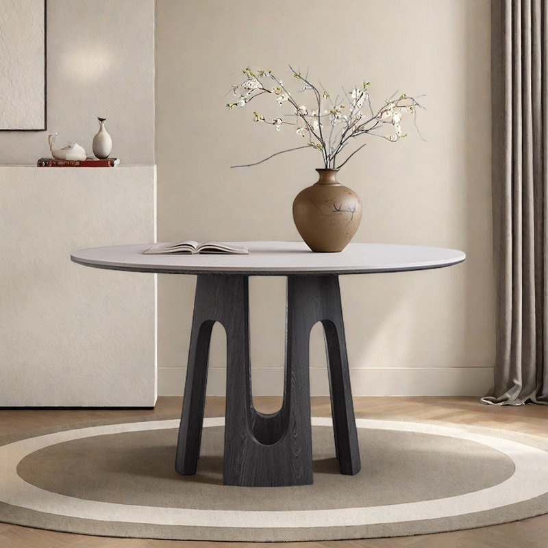Round white sintered stone dining table, 29.53"H x 53.15"L x 53.15"W
