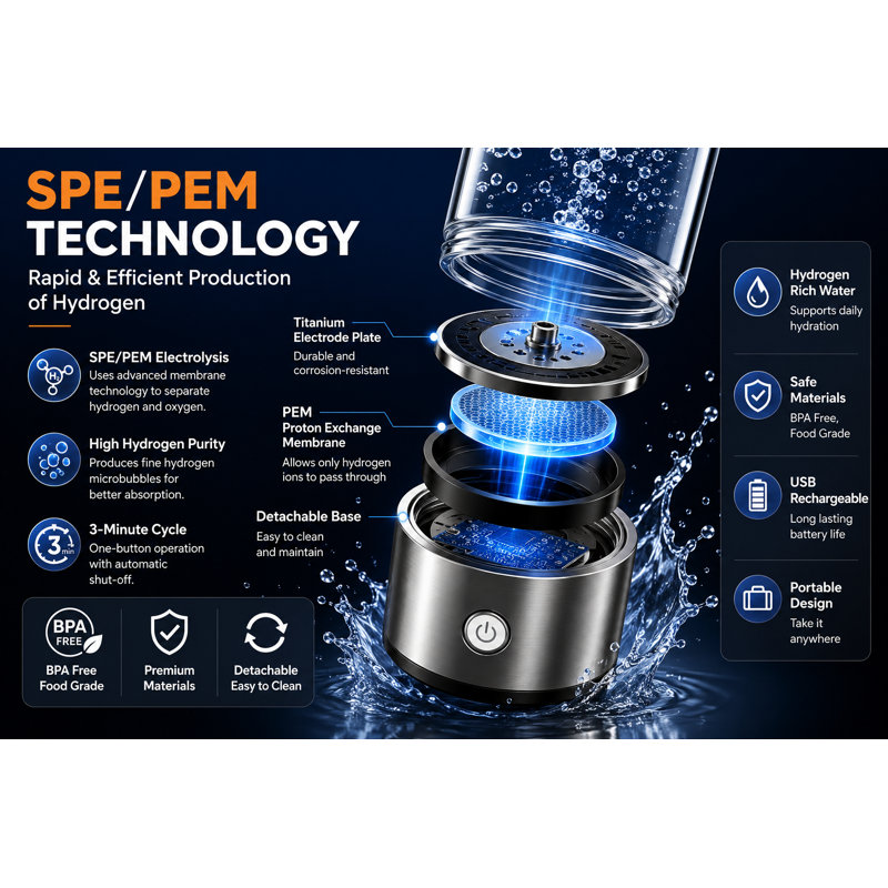 Générateur de bouteilles d’eau à hydrogéno, ioniseur d’eau portable en verre rechargeable de 14,2 oz / 420 ml avec technologie Speed / PEM pour la maison, le bureau, les voyages et la remise en forme