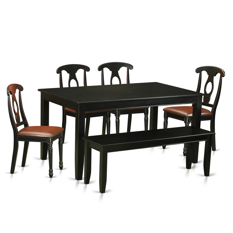 Ensemble de table de salle à manger 6 pièces moderne comprenant une table rectangulaire en bois et 4 chaises de salle à manger en similicuir avec banc, noir