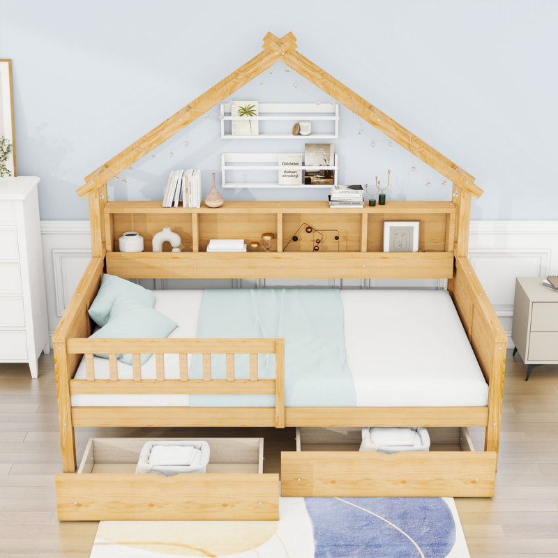 Lits plateforme doubles en bois avec DEL, tablettes et tiroirs, Naturel