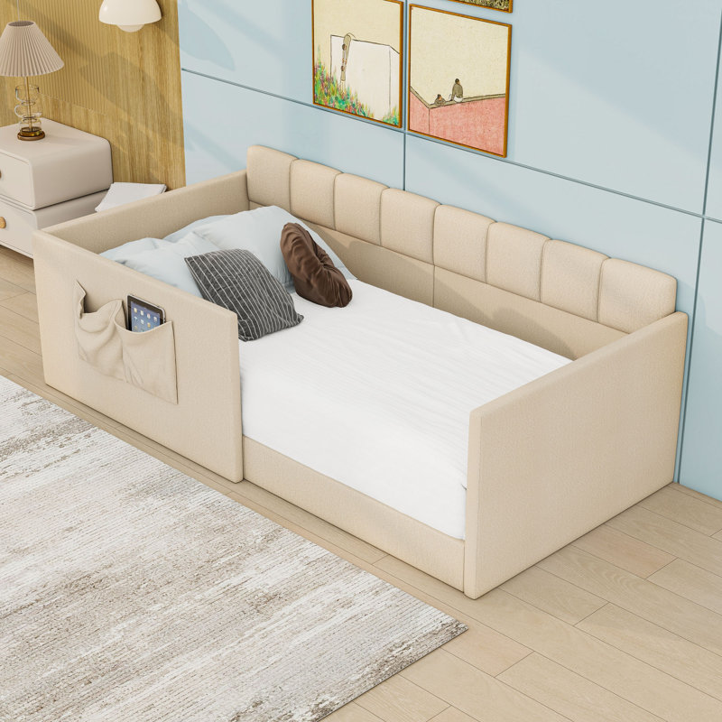 Lit de jour rembourré en velours avec garde-corps et poches de rangement latérales, Lit simple, Beige