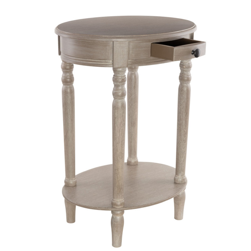 Meadville Wood Whitewashed Oval 1 Drawer and 1 Shelf Side End Light Brown Accent Table with Turned Legs