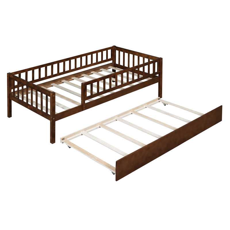 Walnut Twin Daybed With Extra Trundle And Protective Fence Guardrails In Tone, Walnut, Twin