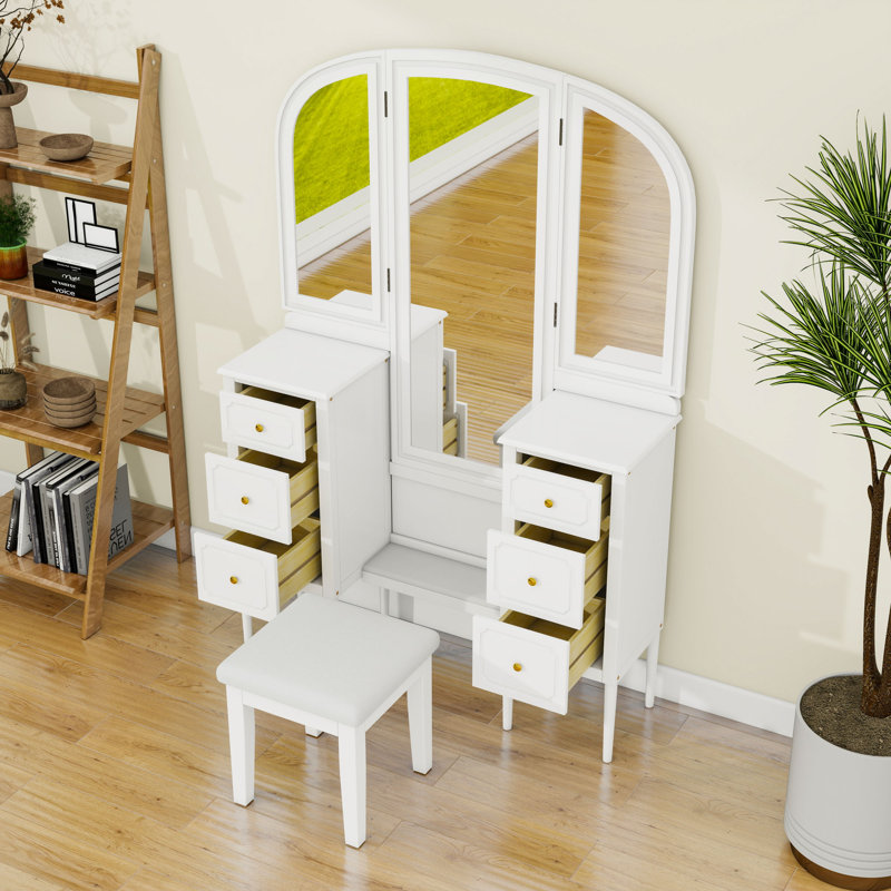 Bureau de coiffeuse avec miroir triple, tiroirs et tabouret rembourré