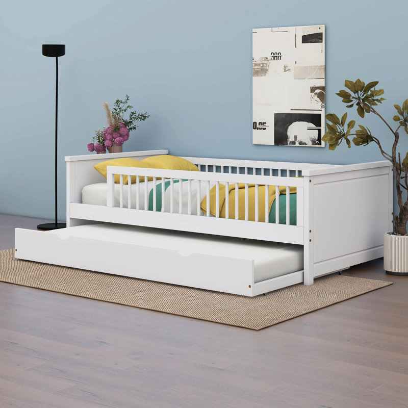 Lit plateforme en bois avec garde-corps et lit gigogne, Blanc