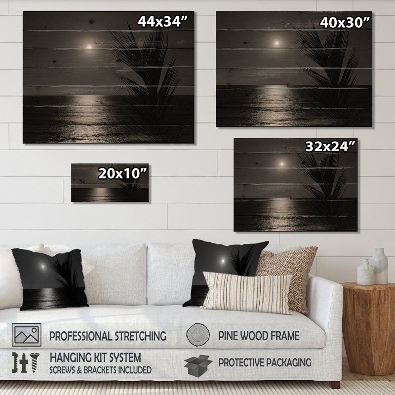 Palmier noir et blanc au clair de lune - Art mural en bois tropical côtier sur bois de pin naturel, H 30 po x l 40 po