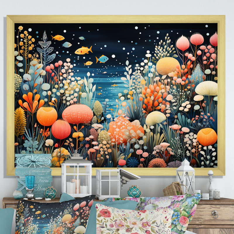 Aquariums Aquatic Pointillism An II, reproduction d'art sur toile, H 24 po x l 32 po x P 1 po, Encadrement doré