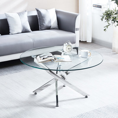 Table basse ronde de 35,4 po avec poteaux angulaires modernes en verre trempé et structure en métal, 35,4 po