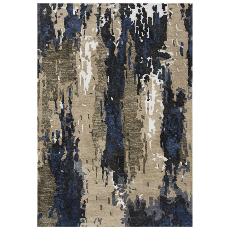 Tapis beige / bleu touffeté à la main, Rectangle 8 pi 6 po x 11 pi 6 po