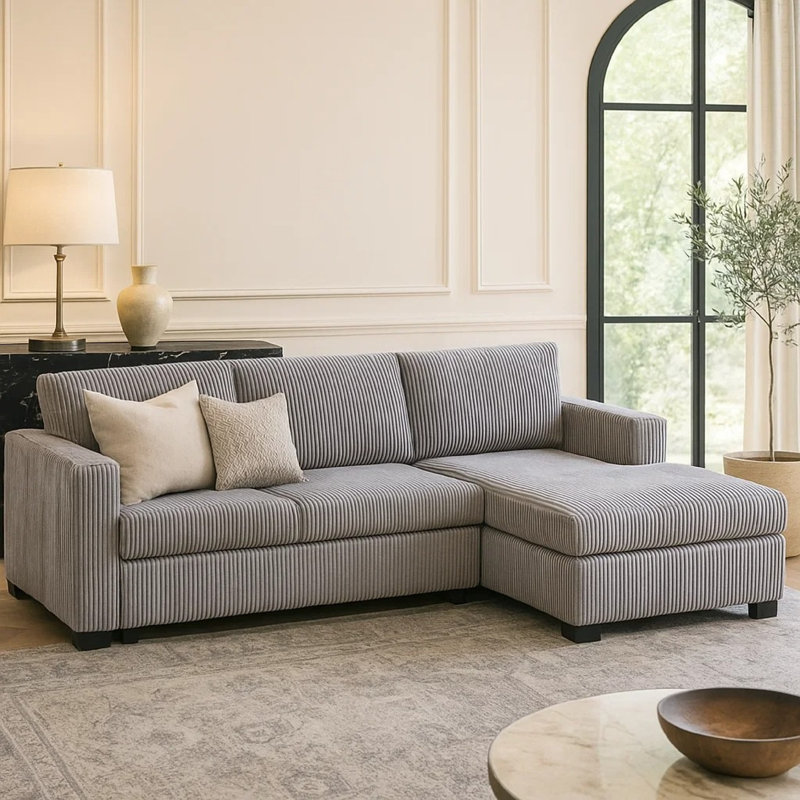 Leah All-In-One Chaise Sectional Sofa, Track Arms, Light Grey Corduroy, Light Grey Corduroy