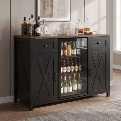 Mini armoire de réfrigérateur avec prise de courant, 2 tiroirs, tablettes réglables, supports à verres à vin et gestion des câbles