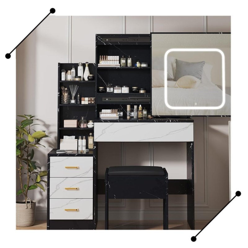 Bureau de coiffeuse avec miroir et lumières DEL, Noir et blanc