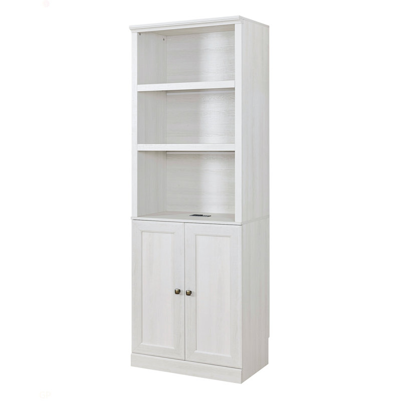 Bibliothèque 1 porte avec port USB et 3 tablettes ouvertes, Blanc rustique