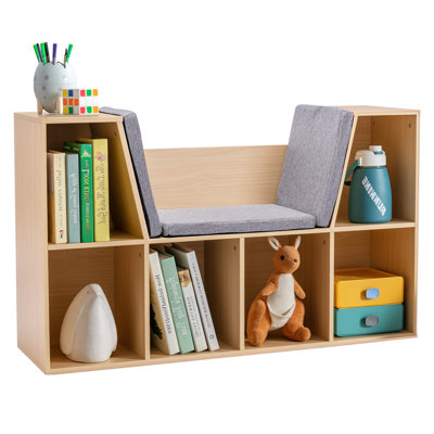 6-Cubby Kids Bookcase with Reading Nook and Cushioned Seat, Natural MDF Storage Organizer