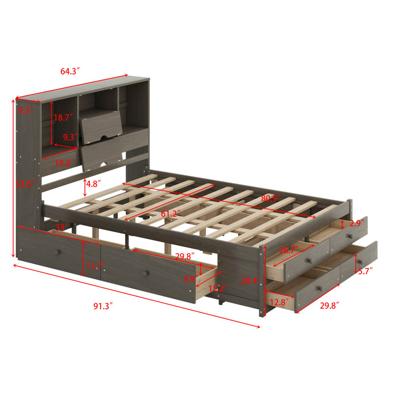 Grand lit plateforme avec tête de lit à rangement et 8 tiroirs, lit plateforme en bois, Gris