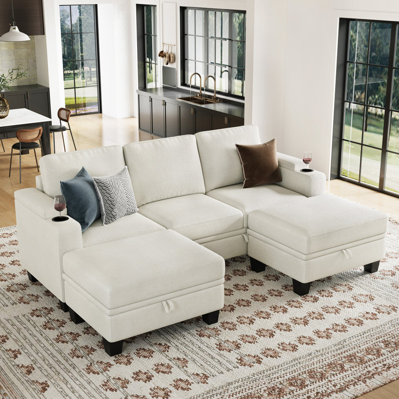 Canapé de rangement en chenille avec porte-gobelets, Beige