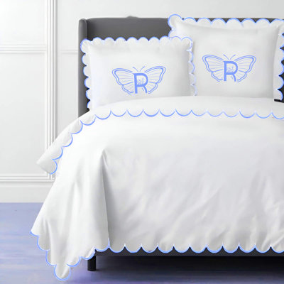 Monogram Allena 400TC Cotton Scallop Embroidery Sateen Solid Duvet Cover Set