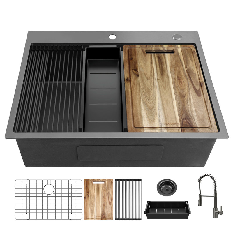 Évier de cuisine 33 "à cuve noire 33", évier de cuisine à cuve simple en acier inoxydable de calibre 16 avec robinet de cuisine
