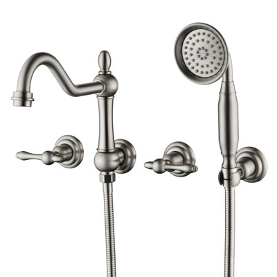 SUMERAIN Brushed Nickel Wall Mounted Bathtub Faucet, 4 Hole Tub Filler with Handheld Shower, 8 Inches Center High Flow