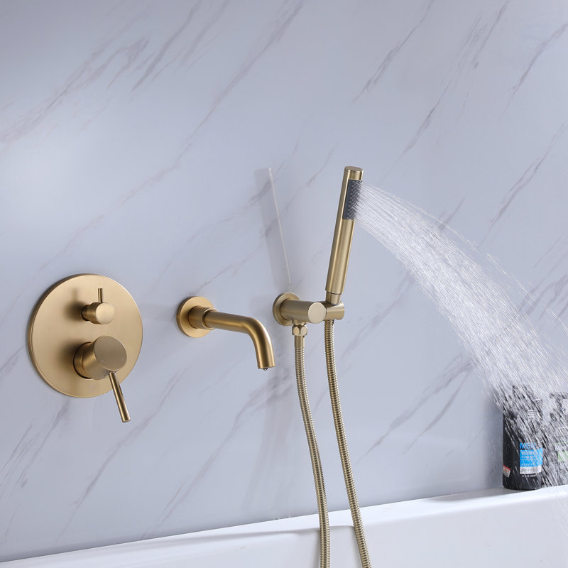 Contemporary 7.28" Wall Mounted Bathroom Tub Faucet in Brushed Gold, Lead-Free Solid Brass with Hand Shower, Brushed Gold