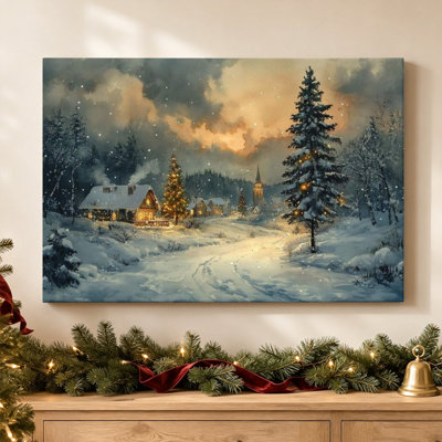 Art mural en toile de Noël, village enneigé la nuit, arbre de Noël, décoration murale, ville d'hiver, impression pour la chambre à coucher, salon 36 x 24 po