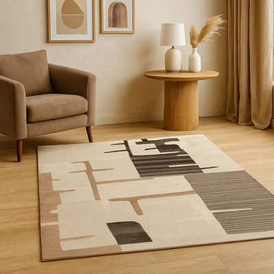 Tapis moyen Keny, motif abstrait beige d'inspiration mondiale