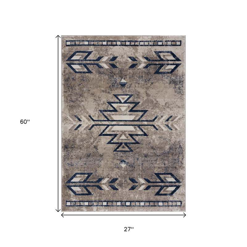 2' X 5' Blue And Beige Abstract Area Rug