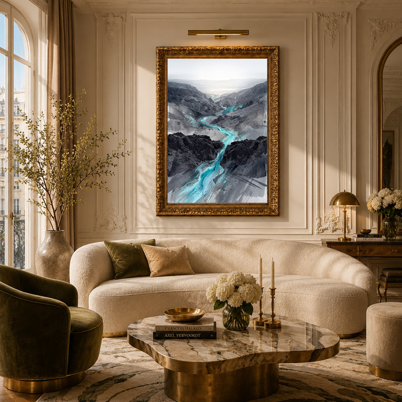 «Turquoise River Winding Through Gray Rocky Canyon», art mural, 30"H x 20"W