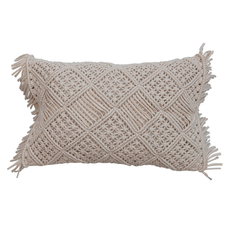 Boho Handwoven Cotton Macrame Lumbar Pillow with Fringe