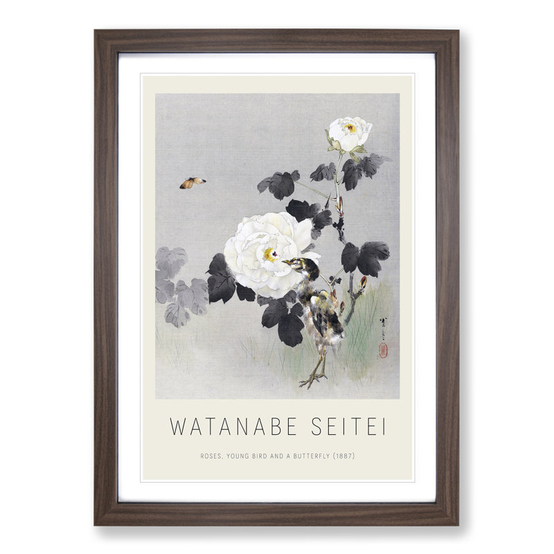 Young Bird and Butterfly Print by Watanabe Seitei - Picture Frame Painting, Walnut, 48cm H x 36cm W x 2cm D