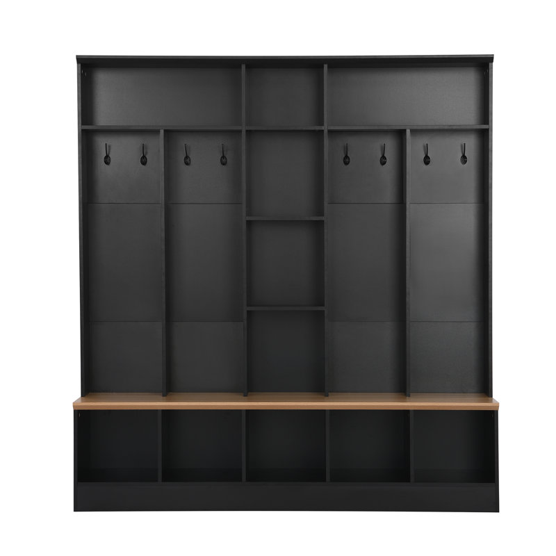 Arbre d'entrée avec banc et rangement pour chaussures, armoire à chaussures minimaliste, portemanteau avec 8 crochets noirs