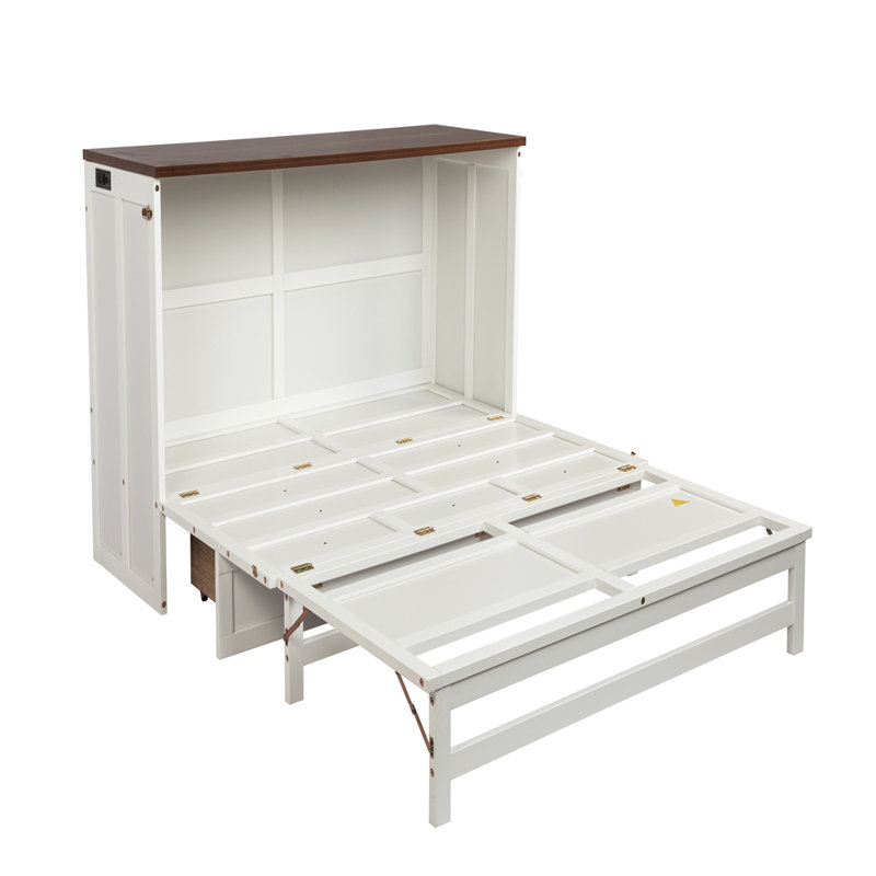 Murphy Bed Cabinet with Storage Drawer and Charging Station, USB Port, Solid Pine Murphy Bedframe for Home Office, Studio or Guest Room
