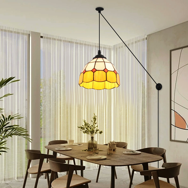 Modern Vintage Tiffany Yellow Glass Style Hanging Pendant Lighting, Adjustable Plug In Chandelier  For Living Room, Yellow