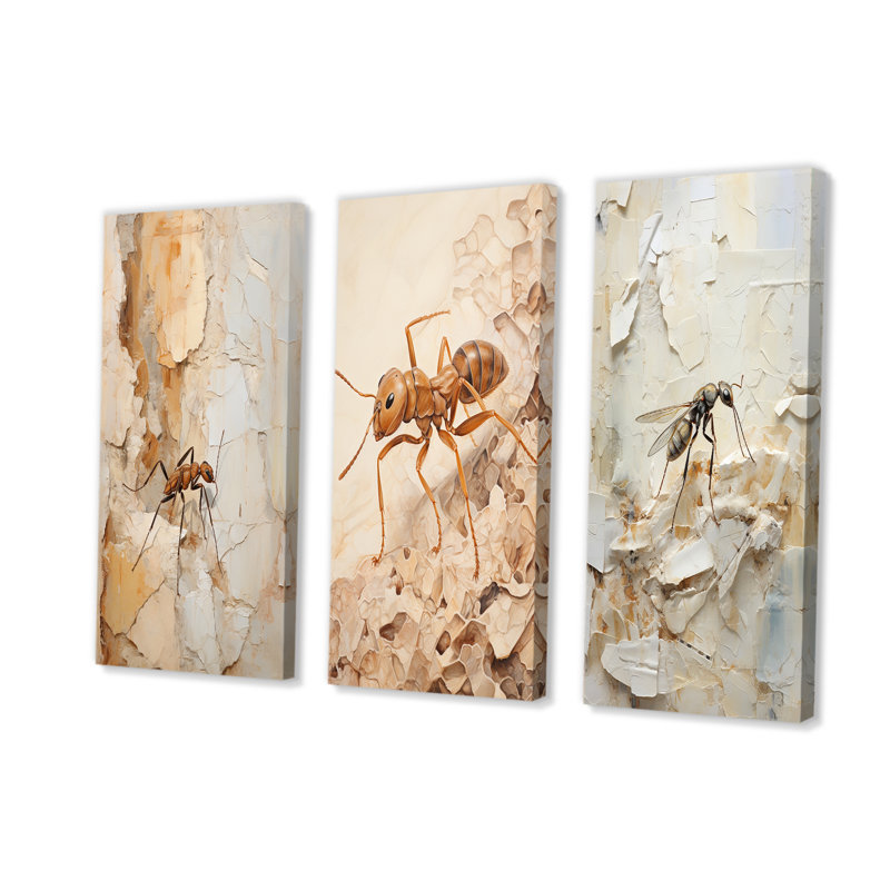 Collage de fourmis minimalistes beige, H 28 po x l 36 po, Toile tendue