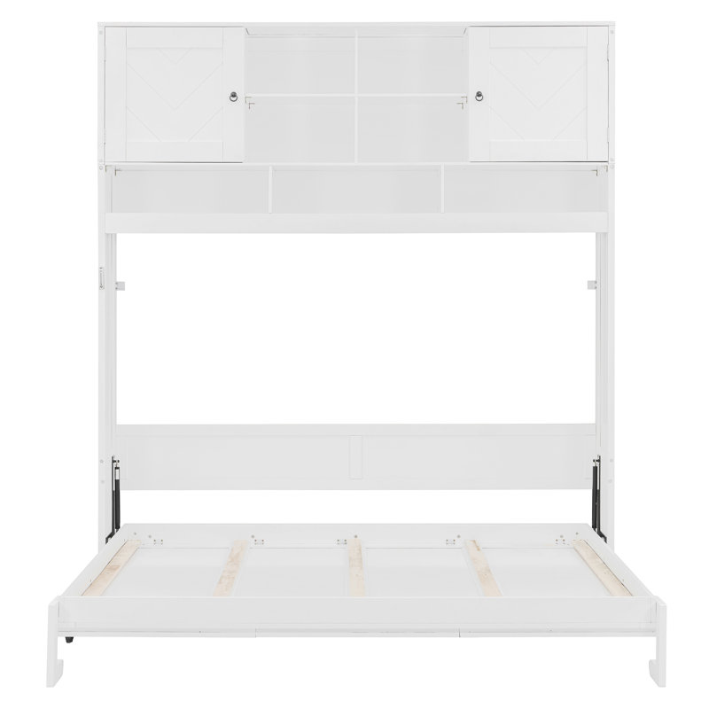 Lit escamotable avec tablettes ouvertes et armoire, grand lit escamotable, Chevron