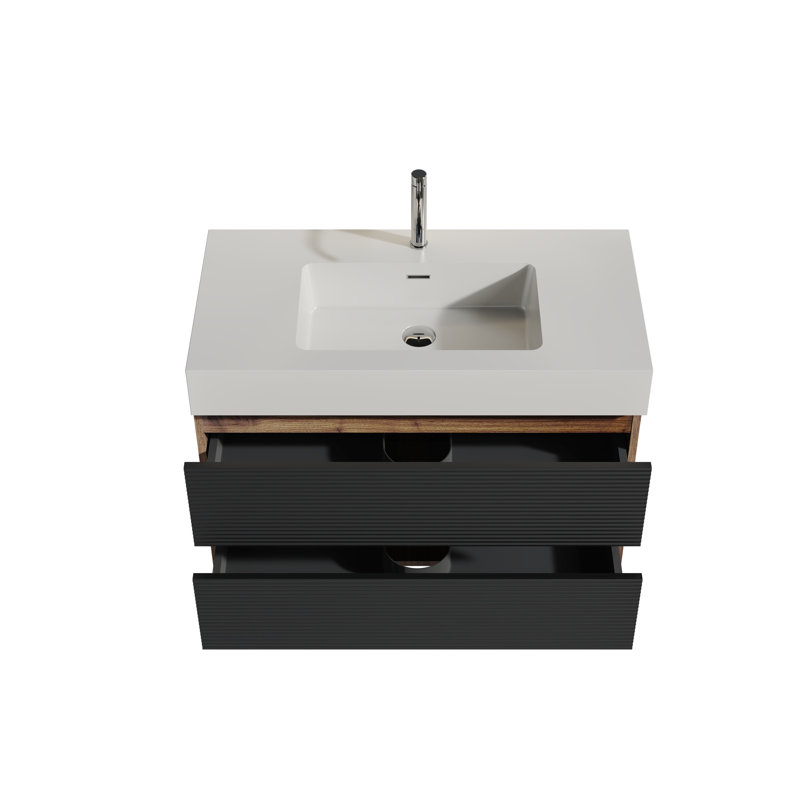 36" Grace Walnut Bathroom Buffet - Wall Mounted With Glossy White Sink And Soft Black Drawer Buffets Vanity Unit Basin Bottom Drawers
