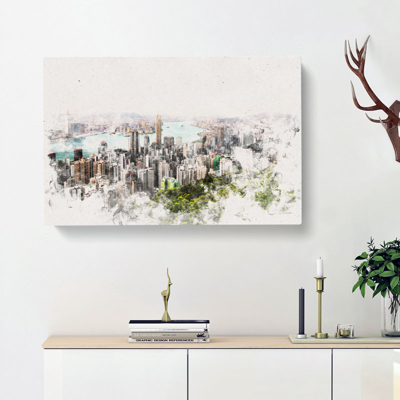 Hong Kong Skyline Watercolour - Wrapped Canvas, 50cm H x 76cm W x 3cm D