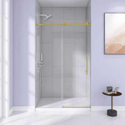 44-48 "W X 76" H Frameless Shower Door , 1/4 "(6 Mm) Clear Tempered Glass, Explosion Proof Film, Stainless Steel Handle, Brushed Gold