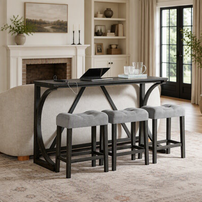 Ensemble de table de bar et de chaises 59 pouces avec prise de courant, 3 tabourets rembourrés, parfait pour les espaces de vie, de salle à manger et de cuisine