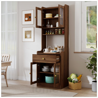 Kitchen Pantry Hutch Storage Cabinet, Farmhouse Style with Microwave Stand and Freestanding Buffet Sideboard