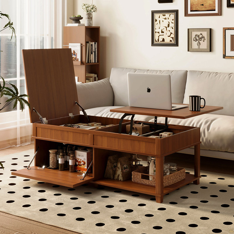 Table basse à plateau relevable avec compartiment caché, tablette ouverte et bureau réglable, brun, Brun