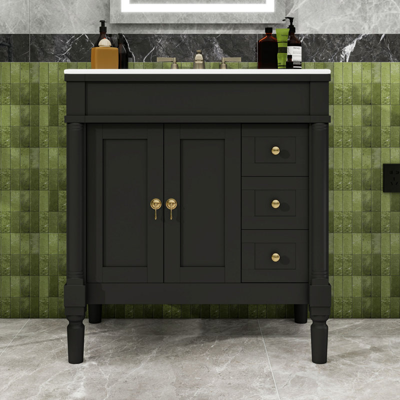 Meuble-lavabo de salle de bain avec 3 tiroirs et tablette ajustable en U, Noir