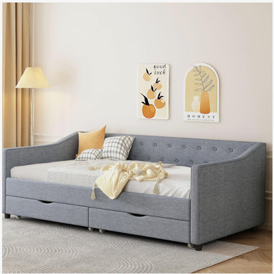 Twin Size Daybed with Drawers Upholstered Tufted Sofa Bed, with Button on Back and Piping on Waved Shape Arms-Light Grey