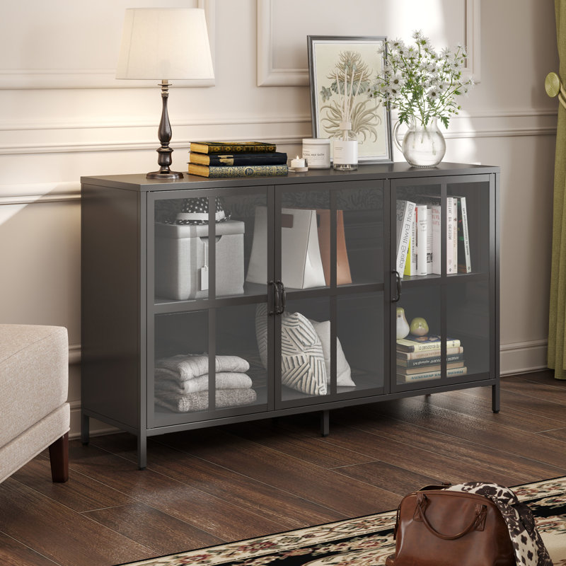 Metal Accent Cabinet with Three Tempered Glass Doors - Adjustable Feet, Multi-Room Use, Black