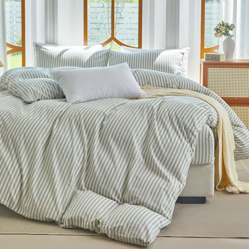 XINMIANFANG Striped Duvet Cover Set 100% Washed Cotton Linen Like Textured Bedding Set 3 Pcs Comforter Cover for All Seasons